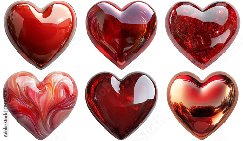Red and heart-shaped glass ornaments set isolated on transparent background photo