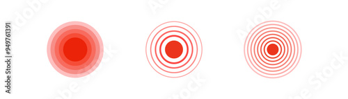 Red physical pain cirlce set on white background. Medicine, painkiller drugs, headache, sick symbol. Pain localization, muscle, stomachache. Flat colored vector.