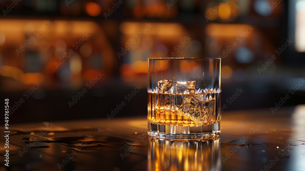 A glass of whiskey sits on a bar counter A glass of whiskey sits on a bar counter