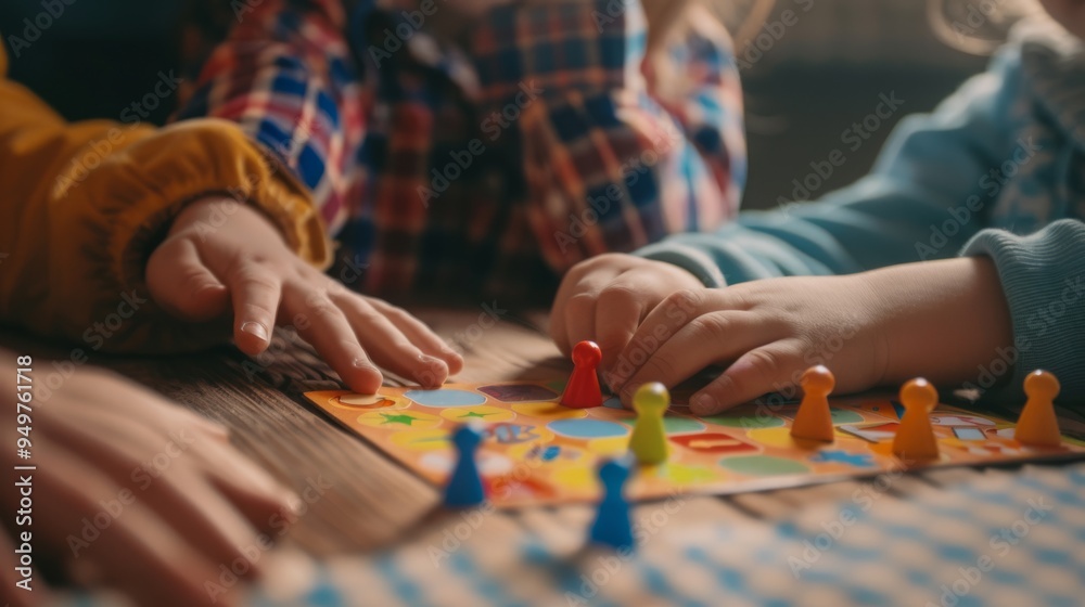 Close-up of children playing a colorful board game, their hands engaged in moving pieces, capturing a joyful and playful moment. Close-up of children playing a colorful board game, their hands engaged in moving pieces, capturing a joyful and playful moment.