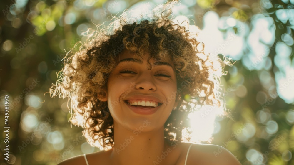 A joyful woman with curly hair, smiling radiantly against a backdrop of sun-dappled trees, capturing a moment of pure happiness. A joyful woman with curly hair, smiling radiantly against a backdrop of sun-dappled trees, capturing a moment of pure happiness.
