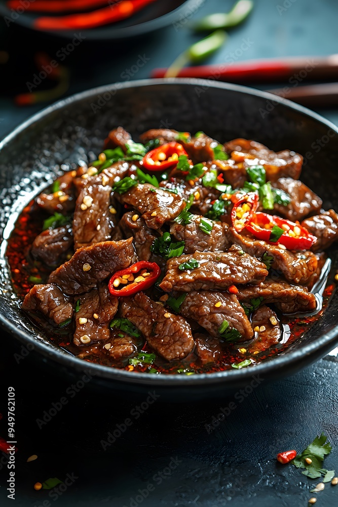 Hunan Spicy Beef - A dish from Hunan province featuring thinly sliced beef stir-fried with spicy chili peppers and garlic.. Hunan Spicy Beef - A dish from Hunan province featuring thinly sliced beef stir-fried with spicy chili peppers and garlic..