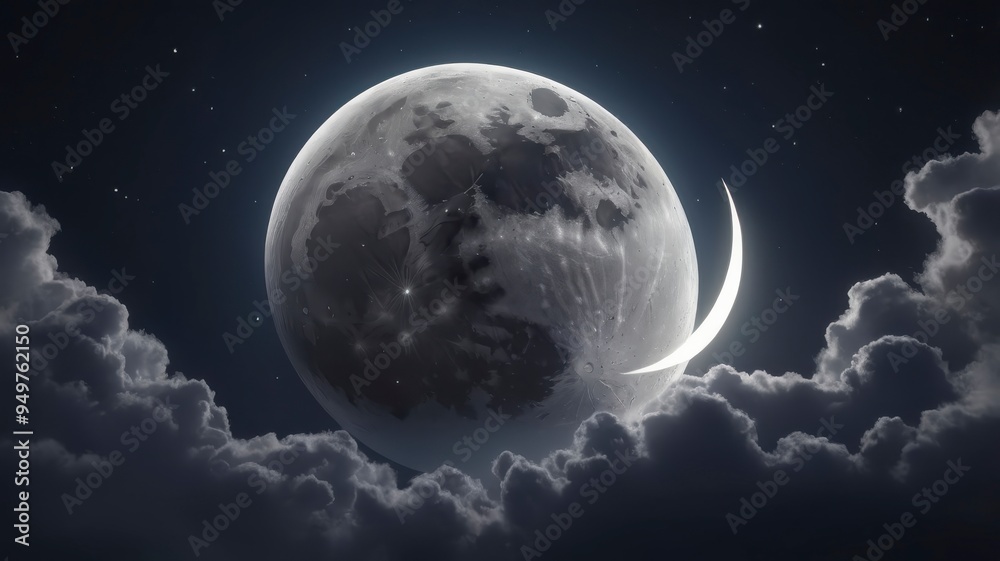 Fototapeta premium Night sky close-up of waxing crescent moon