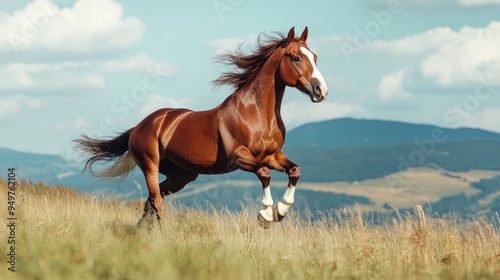 A happy horse running freely in a meadow, with a clear sky and distant mountains, leaving space for text above