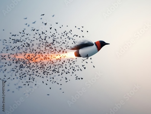 A stylized bird with a rocket engine flies through the air, leaving a trail of sparks behind it. photo