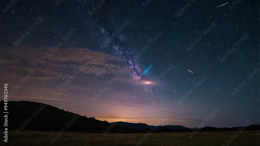 Night sky with beautiful comet and colorful trail Night sky with beautiful comet and colorful trail