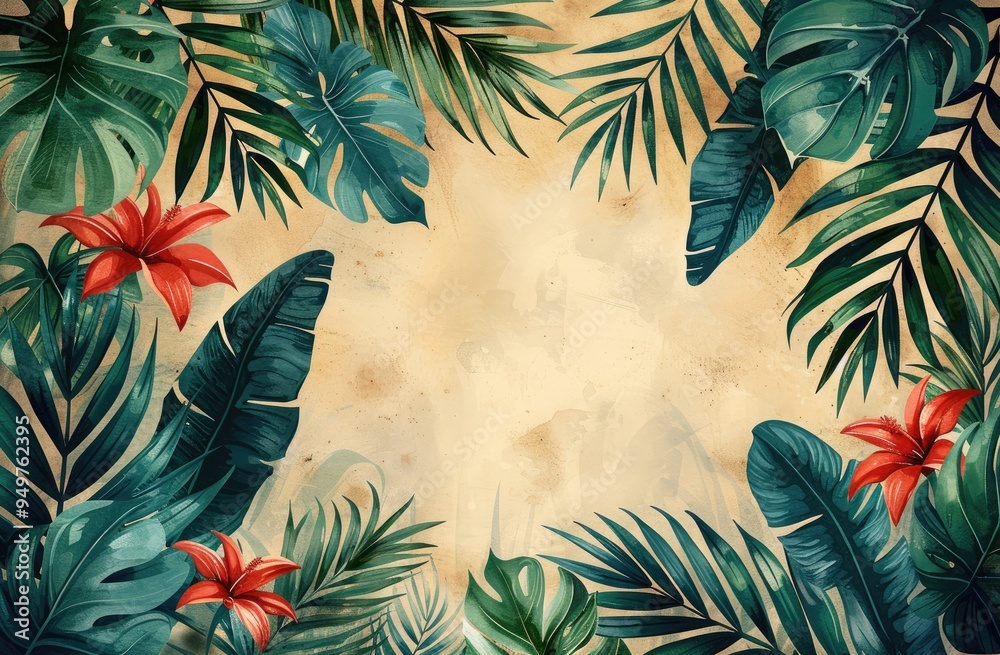 Tropical leaves frame background with white space in the center for text, white background, watercolor illustration style Tropical leaves frame background with white space in the center for text, white background, watercolor illustration style