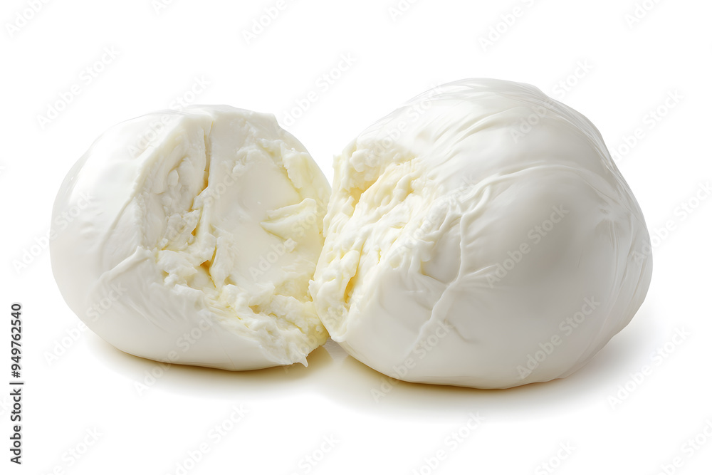 Fresh burrata cheese with basil close up isolated on white background Fresh burrata cheese with basil close up isolated on white background