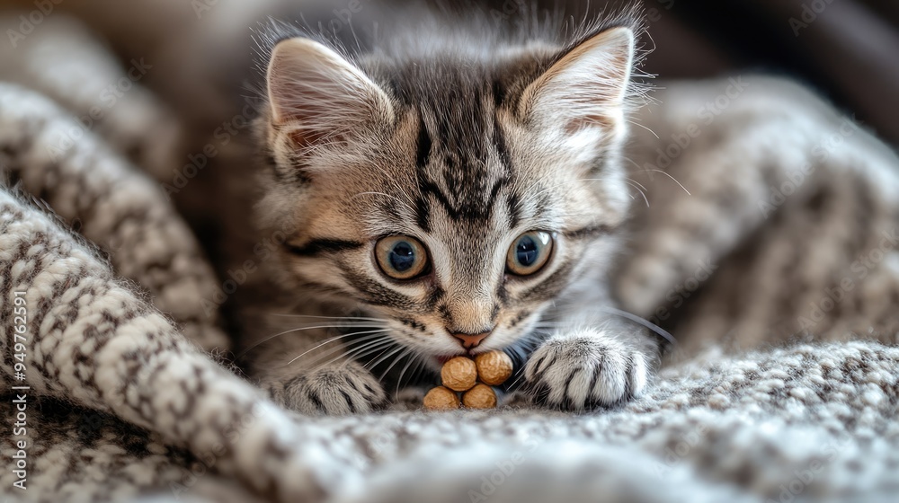 A playful kitten batting at a pellet before eating it, with a cozy blanket in the background and space for text in the lower third A playful kitten batting at a pellet before eating it, with a cozy blanket in the background and space for text in the lower third