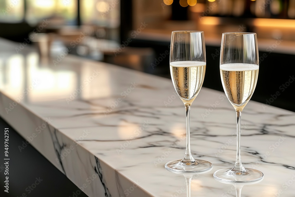Elegant champagne glasses on a marble countertop in a stylish bar, copy space for text, end of year celebration Elegant champagne glasses on a marble countertop in a stylish bar, copy space for text, end of year celebration