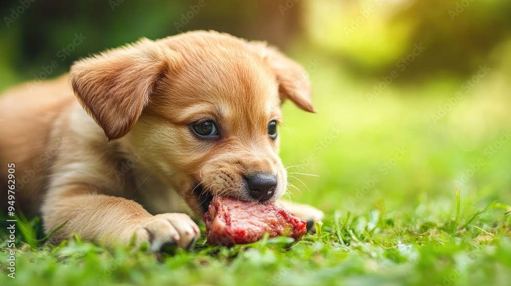 A playful puppy chewing on a piece of meat, with a green lawn in the background and space for text in the sky area above A playful puppy chewing on a piece of meat, with a green lawn in the background and space for text in the sky area above
