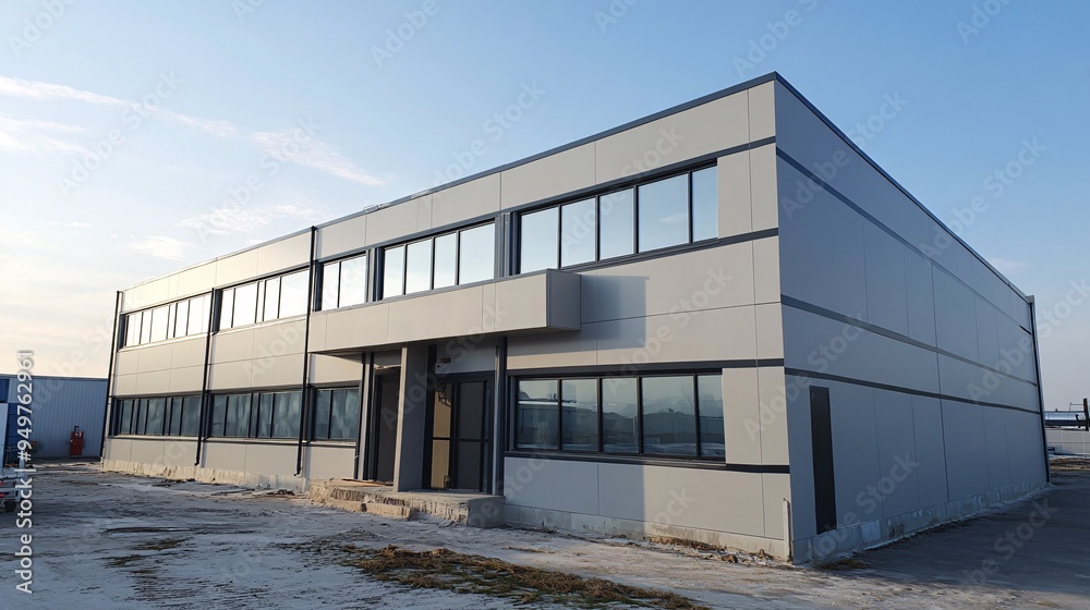 Modern industrial building with large windows, designed for commercial use and situated in an open area, showcasing contemporary architecture. Modern industrial building with large windows, designed for commercial use and situated in an open area, showcasing contemporary architecture.