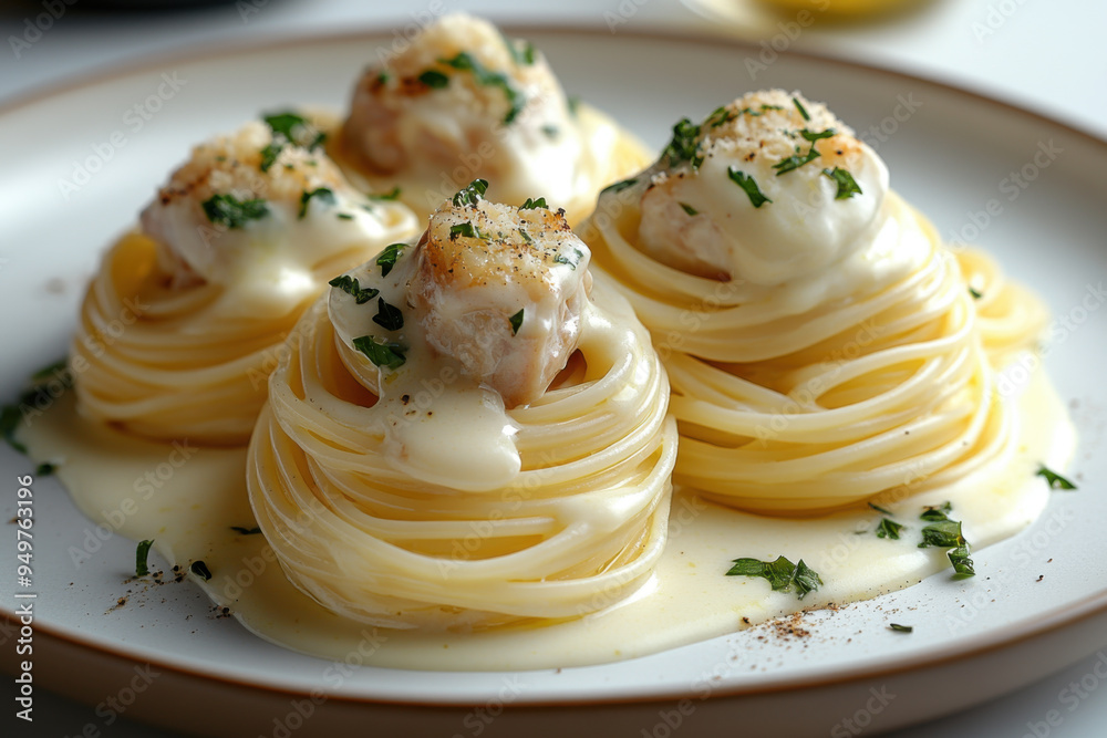 pasta in the form of four nests of flat pasta stacked on a white plate with smooth edges pasta in the form of four nests of flat pasta stacked on a white plate with smooth edges
