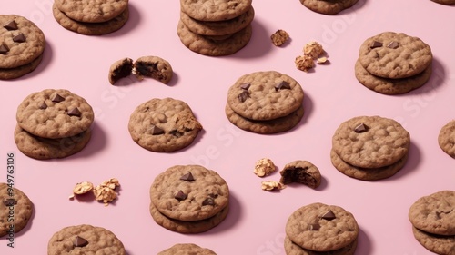 Oatmeal and chocolate cookies arranged on pink background