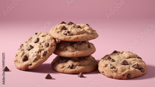 Oatmeal chocolate chip cookies on a pink surface.