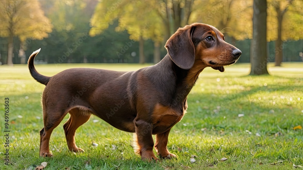 Chocolate and tan smooth haired dachshund dog in the park Chocolate and tan smooth haired dachshund dog in the park