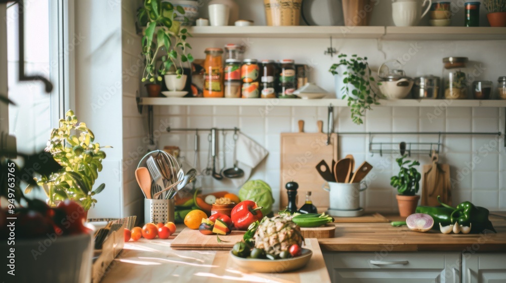 A well-organized kitchen bathed in natural light, featuring fresh vegetables and potted plants, epitomizing a healthy and eco-friendly culinary space. A well-organized kitchen bathed in natural light, featuring fresh vegetables and potted plants, epitomizing a healthy and eco-friendly culinary space.