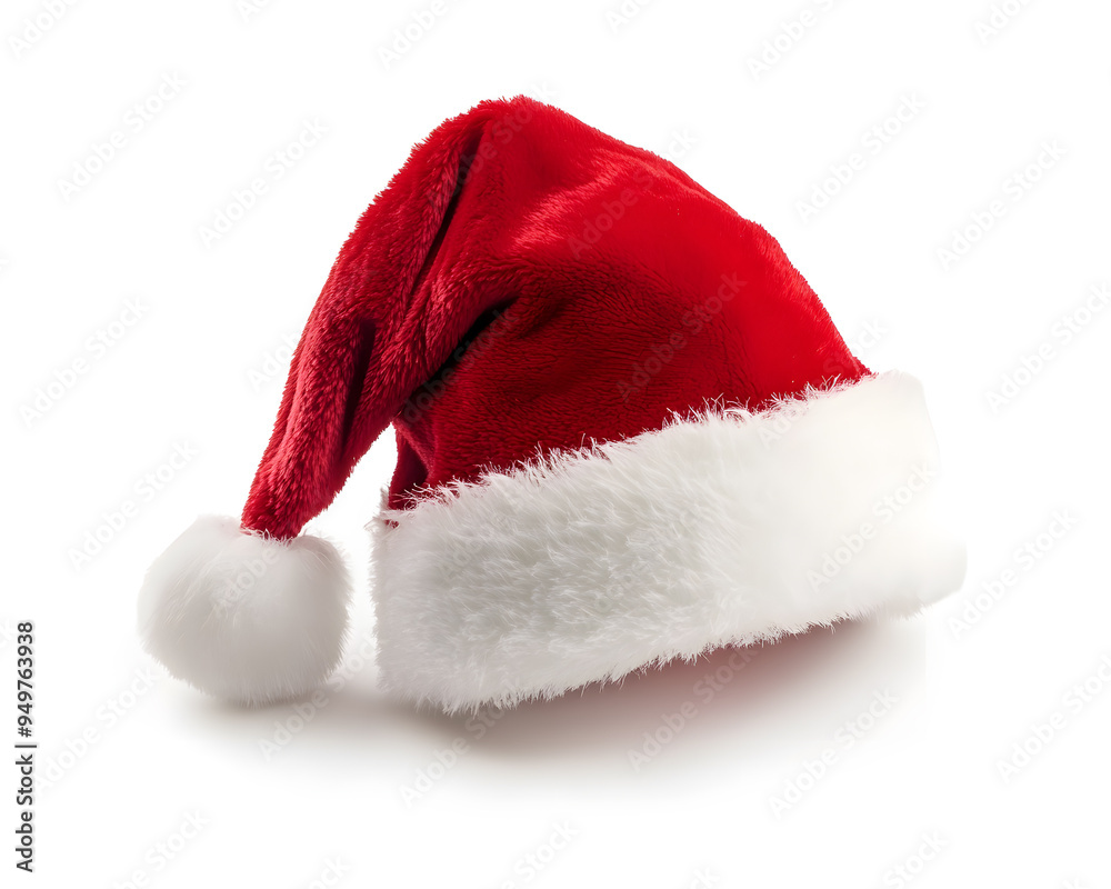 Realistic photo of a red Christmas Santa Claus hat with a white pompom, isolated on white background Realistic photo of a red Christmas Santa Claus hat with a white pompom, isolated on white background