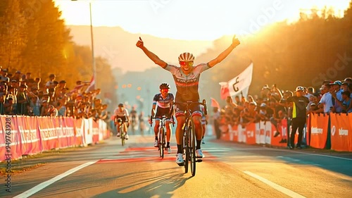 Cyclist triumphantly crossing the finish line with raised arms, surrounded by cheering crowds at a professional bike race.