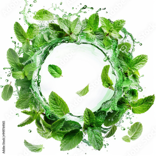  circular Mint leaves juice splash swirl, Mint leaves floating isolated white background photo