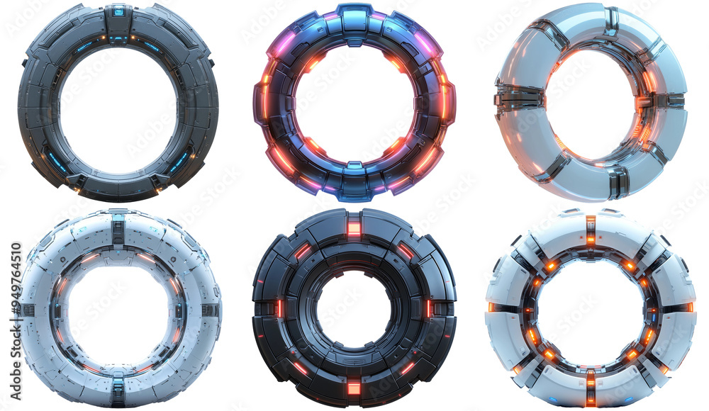 Naklejka premium Futuristic sci-fi rings in different designs set isolated on transparent background