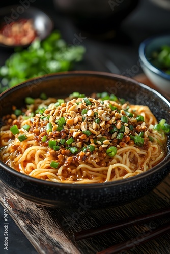 Sichuan Dan Dan Noodles - Spicy noodles topped with a savory minced pork sauce, crushed peanuts, and scallions..