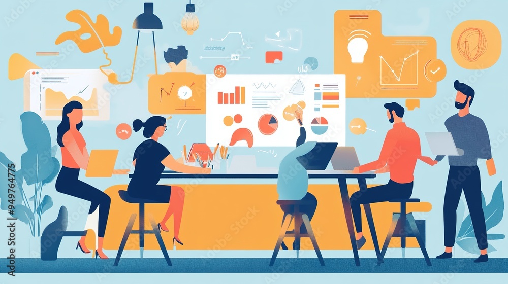 Fototapeta premium A team brainstorming new insurance products and services in a creative workspace.