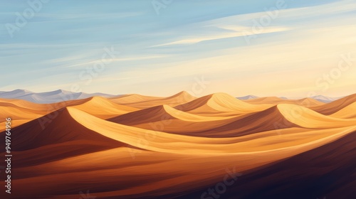 Desert landscape with rolling sand dunes leading to a distant horizon, highlighted by the soft, golden light of early morning.