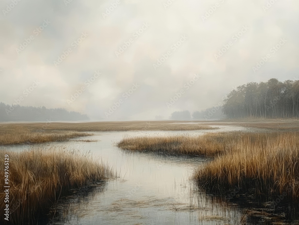 Fototapeta premium A serene landscape featuring a tranquil river flowing through tall grass under a moody sky, perfect for nature enthusiasts.