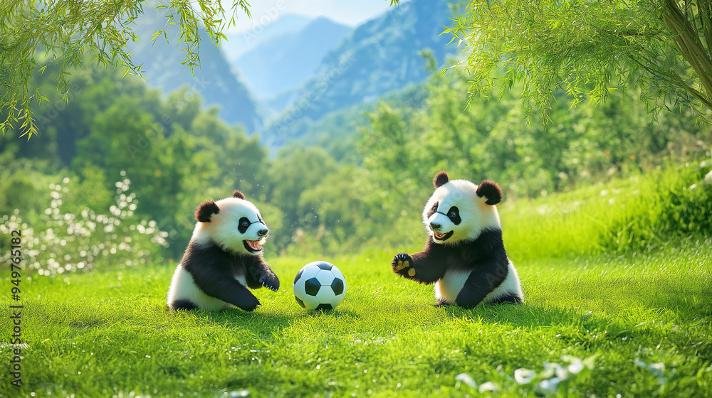 Pandas are playing football, cute, beautiful background, beautiful nature. Pandas are playing football, cute, beautiful background, beautiful nature.