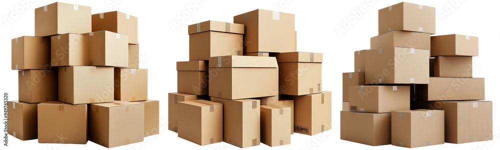 Stacks of cardboard boxes in different sizes set isolated on transparent background Stacks of cardboard boxes in different sizes set isolated on transparent background