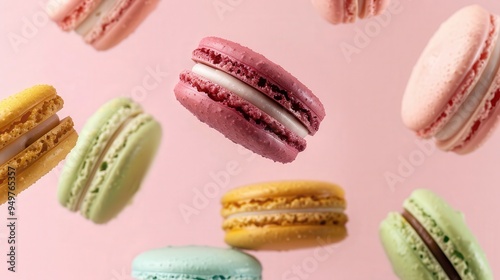 Wallpaper Mural Vibrant Macarons in Flight, a playful scattering of assorted colorful macarons gracefully soaring against a soft pink backdrop, embodying a whimsical celebration of sweet indulgence Torontodigital.ca