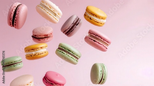 Wallpaper Mural Colorful Macarons in Flight, an enticing display of vibrant macarons soaring against a soft pink backdrop, capturing the whimsy and delight of sweet indulgence. Torontodigital.ca
