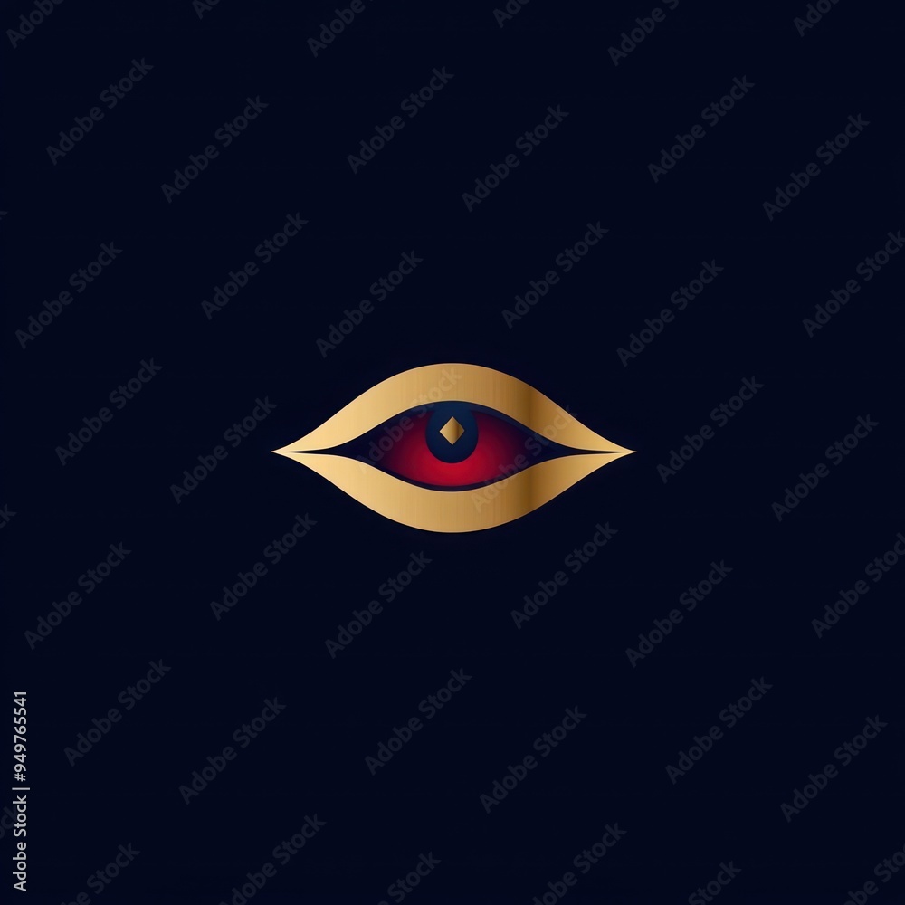 A stylized eye design featuring gold and red colors on a dark background.