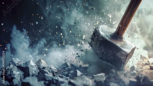 A sledgehammer striking through a block, sending shards and dust flying, capturing the raw energy and force in a destructively powerful action. photo