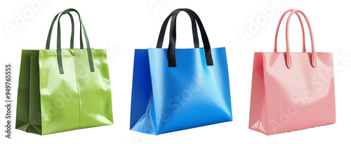 Shopping bags in different colors and sizes set isolated on transparent background photo