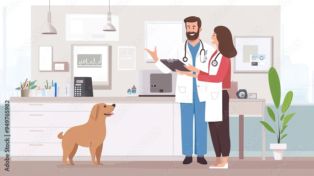A veterinarian explaining pet insurance options to a pet owner in a modern clinic. A veterinarian explaining pet insurance options to a pet owner in a modern clinic.