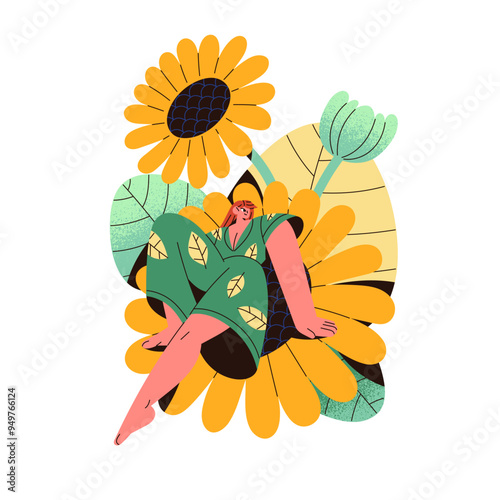 Abstract girl sits on big summer flower. Cute tiny woman relaxes on sunflower. Funny character has a rest on blossom plant. Bloom nature. Flat isolated vector illustration on white background