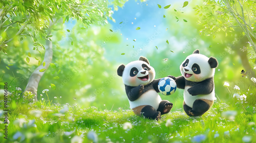 Pandas are playing football, cute, beautiful background, beautiful nature. Pandas are playing football, cute, beautiful background, beautiful nature.
