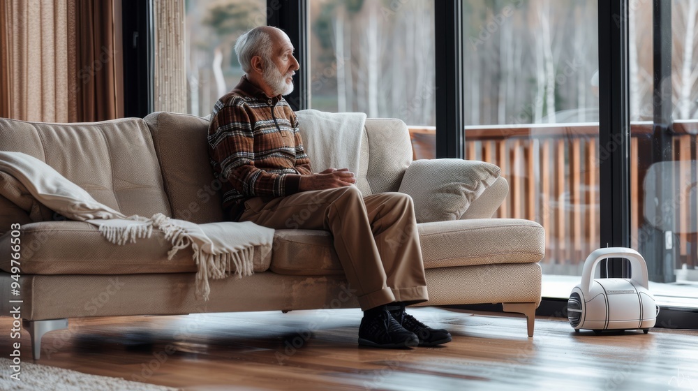 An elderly man sits pensively on a couch in a cozy living room, gazing out a large window at a serene landscape. An elderly man sits pensively on a couch in a cozy living room, gazing out a large window at a serene landscape.