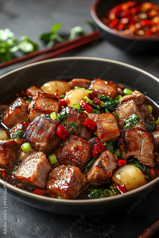 Twice-Cooked Pork - A Sichuan dish where pork belly is first boiled, then stir-fried with vegetables and a spicy bean paste.. Twice-Cooked Pork - A Sichuan dish where pork belly is first boiled, then stir-fried with vegetables and a spicy bean paste..