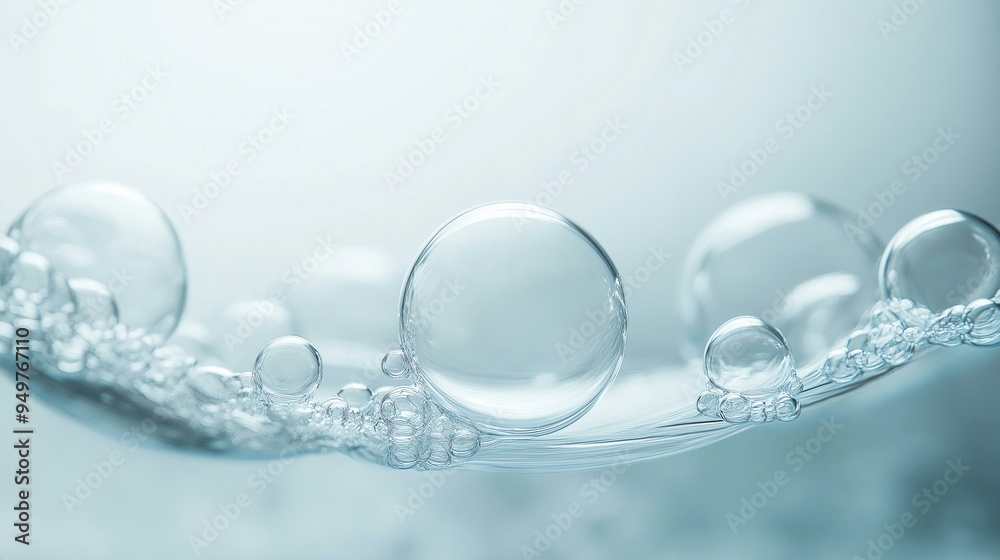 Abstract Scene of Transparent Water Bubbles Floating On Light Blue Background with Soft Curves and Smooth Textures Abstract Scene of Transparent Water Bubbles Floating On Light Blue Background with Soft Curves and Smooth Textures