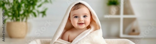 Baby wrapped in a towel, post-bath contentment, warm tones, Watercolor style