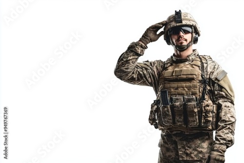 Soldier saluting in camouflage uniform.