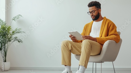 A man in a yellow jacket is sitting in a chair and reading a tablet. 