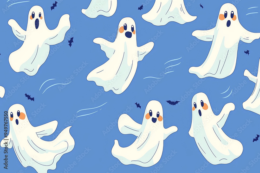 Cute Cartoon Ghosts Flying in a Blue Sky Cute Cartoon Ghosts Flying in a Blue Sky