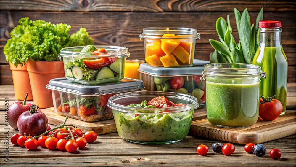 A rustic wooden cutting board holds a week's worth of healthy meal prep containers, accompanied by fresh fruits and vegetables, with a glass of green