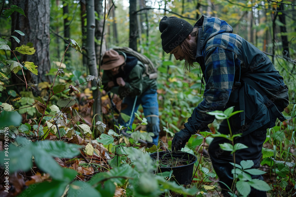 Individuals collecting edible plants and herbs in forests and wild area Individuals collecting edible plants and herbs in forests and wild area
