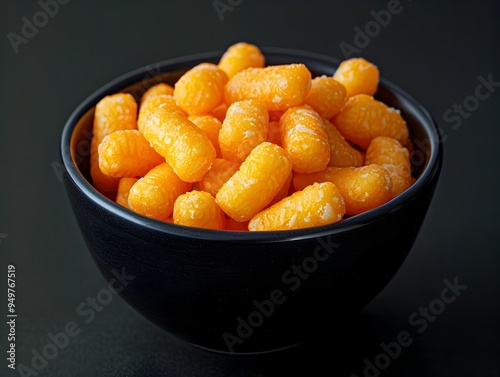 Neon colored cheese puffs in a black bowl with a bright orange glow isolated studio shot of junk food concept with copy space