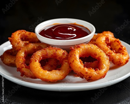 Neon Onion Rings with Golden Glow and Dipping Sauce on Black Background